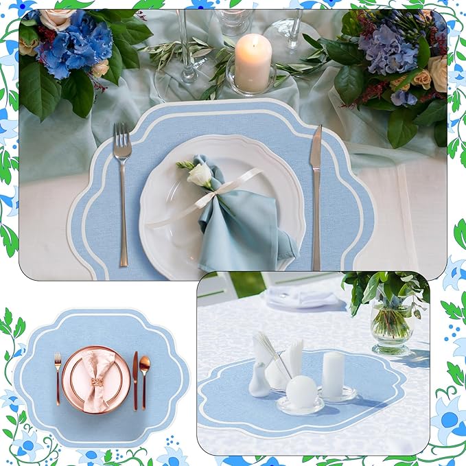 Breling 6 Pcs Wedding Placemats Scalloped Embroidered Cotton Linen Placemats 17" x 13" Double Layered Machine Washable Table Place Mat for Party Table Decor (Light Blue)