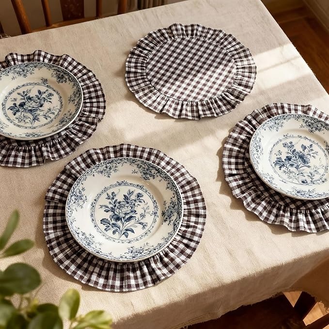 4 Pcs 15 Inch 100% Cotton Scalloped Round Placemats, Thin Brown Gingham Place Mats with Ruffle, Washable Placemats Table Mats for Kitchen Dining Holiday Gatherings Decor
