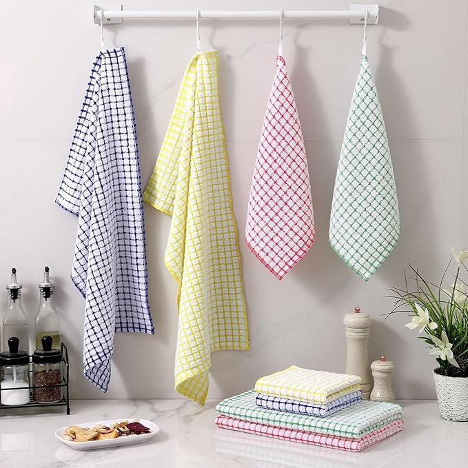 Homaxy Kitchen Towels and Dishcloths Set, 16 x 25 and 12 x 12 Inches, Set of 8 Cotton Terry Kitchen Dish Towels, Super Soft and Absorbent Dish Cloths, Blue/Yellow/Red/Green
