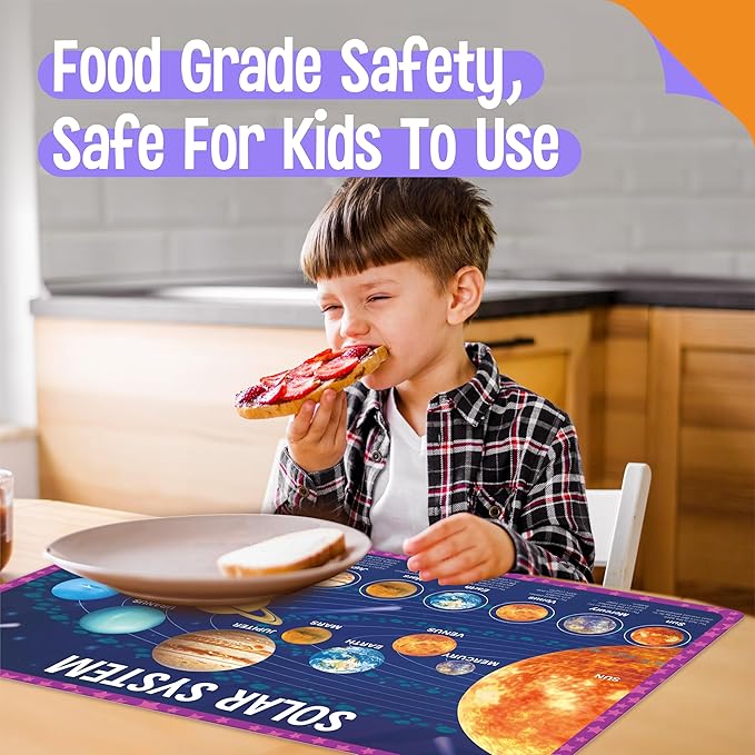 6 Pack Placemats for Kids, Non-Slip Washable, Reusable Universe, Periodic Table, US President, Human Body, Map of USA & World Educational Placemats for Home, Kindergarten, Classroom, Nursery