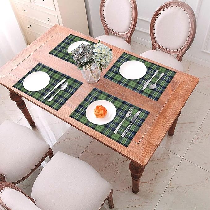 Spring Place mats Set of 4 12x18 Inches,Blue Green Buffalo Plaid Decorative Placemats Rectangle Summer Linen Table Mats for Party Home Kitchen Dining Table Decoration