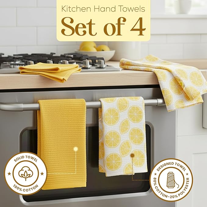 MosJos Kitchen Towels Set of 4 Premium Hand Towels 18 x 28 Inch Large Tea Towels for Drying & Decor - Soft, Absorbent Cotton Yellow Ribbed and Lemon Citrus Weave Cute Hand Towels - Housewarming Gift