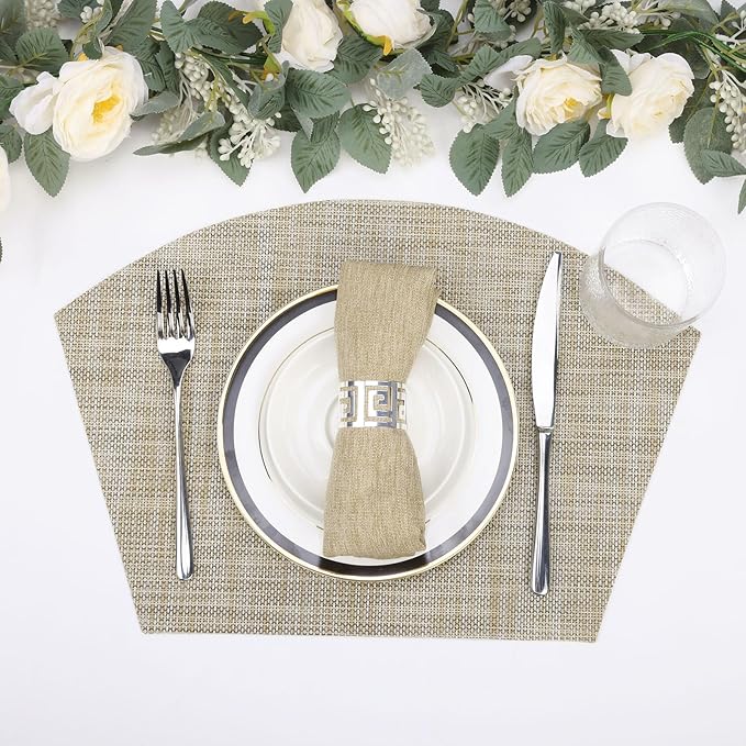 SHACOS Wedge Placemats Set of 4 for Small Round Table Woven Vinyl Curved Placemats Wipe Clean Circle Table Mats Indoor Outdoor, Beige