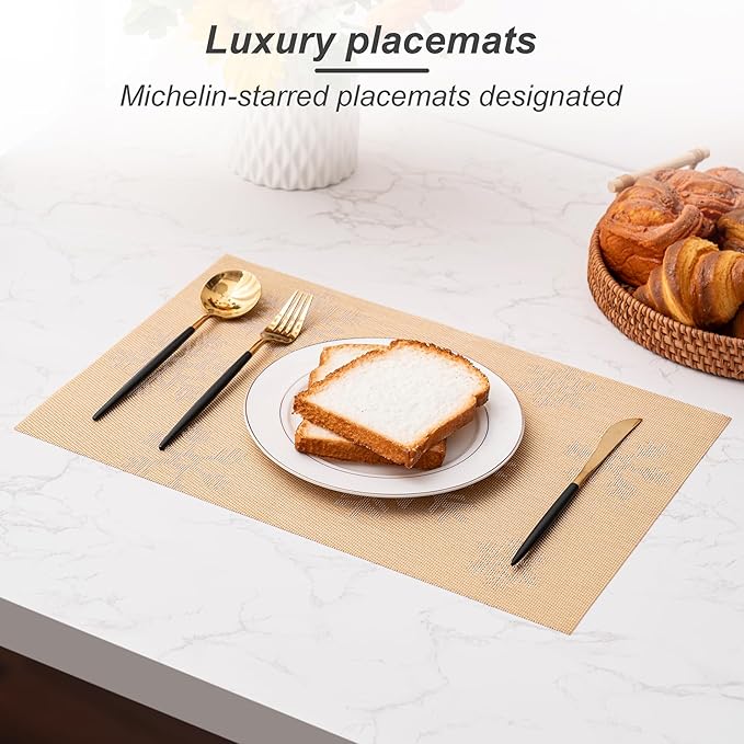 CADONO Placemats Set of 4 Washable Indoor/Outdoor Vinyl Place Mats for Dining Table Durable Non-Slip Heat Resistant PVC Weave Table Mats（Christmas Snow-Gold）
