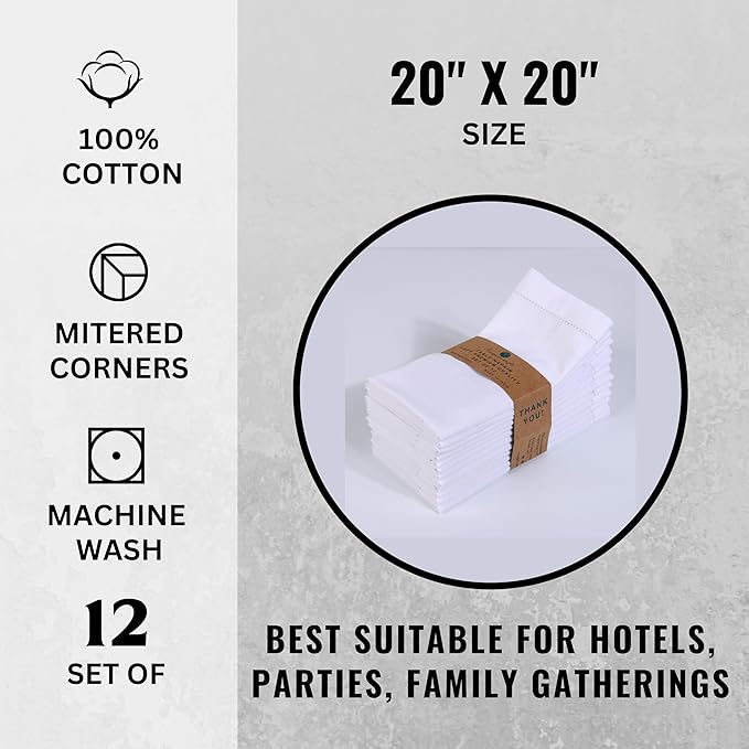 FINGERCRAFT Cloth Napkins, Hemstitch Napkins Cloth, Everyday Use, Premium Quality Natural Cotton Perfect for Parties Dinners Weddings Cocktail Christmas Easter Set of 12, 20 inch White