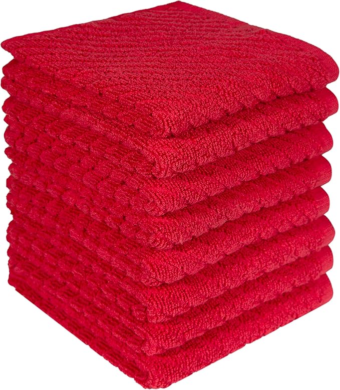 Bumble Towels Premium Kitchen Dish Cloths (12" x 12") | 8 Pack | Diagonal Deluxe Dish Cloth | High Absorbent Tea Towels Set | Red