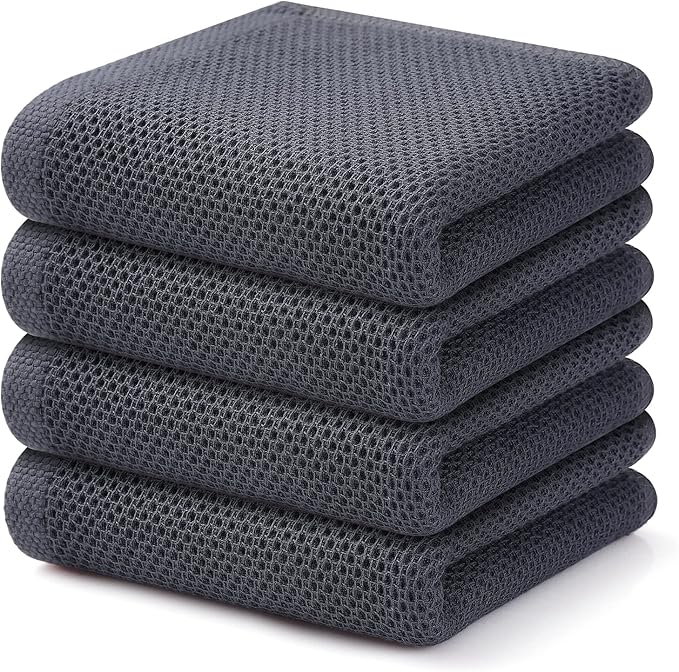 Kitinjoy 100% Cotton Waffle Weave Kitchen Towels, 4-Pack Super Soft and Absorbent Dish Towels for Drying Dishes, Kitchen Hand Towels, 13 in x 28 in, Dark Grey
