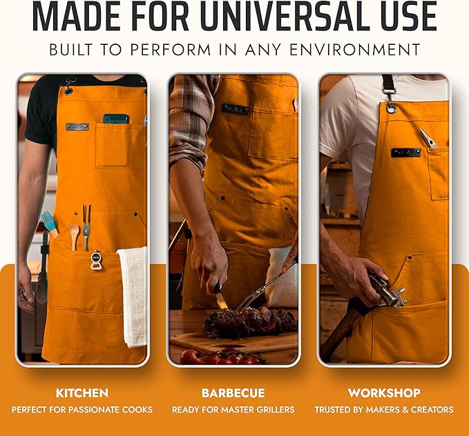 Asaya Chef and BBQ Apron with Bottle Opener and Hand Towel - 10oz Cotton Canvas, Stainless Steel Hardware - Cross Back Straps