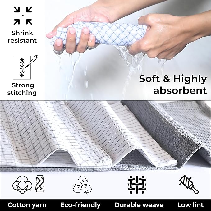 Highly Absorbent Cotton Kitchen Towels for Drying Dishes - Set of 6 Dish Towels - Narrow Light Gray Stripes Plaid Waffle Dishtowels - 18"X28" Large Lint Free Linen Tea Hand Bulk T Towls
