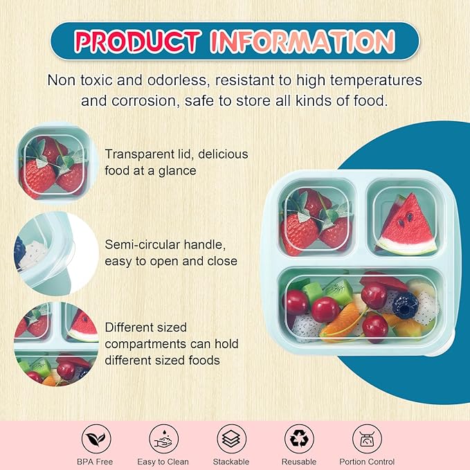 Honeydak 5 Pack Snack Containers 3 Compartment Bento Snack Boxes Divided Meal Prep Containers with Lids Reusable Adults Lunch Food Storage Box for School Work Travel(Macaroon)