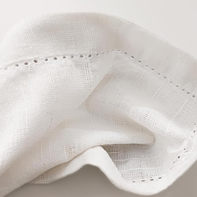 Ramanta Home Hemstitched Dinner Napkins Set of 12 -White, 18x18 Inch- Premium Textured Cotton Soft Cloth Napkins- Use Reusable Slub Fabric Table Napkins for Everyday Dining, Weddings, Spring & Easter