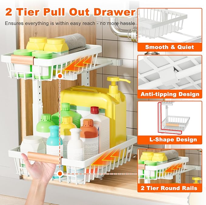 Under Sink Organizer, 2 Pack 2 Tier Under Sink Organizers and Storage, Slide Out Pull Out Cabinet Organizer Shelf, Height Adjustable Metal Drawer for Kitchen Bathroom Closet Organization Rack White
