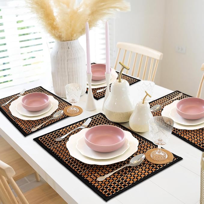 Eorbow 8 Pack Bamboo Placemats, Natural Anti-Slip Dining Table Mats, Heat-Resistant Place Mats, Japanese Style Washable Placemats for Dining Room, Kitchen, Restaurant, 18 x 12 Inch