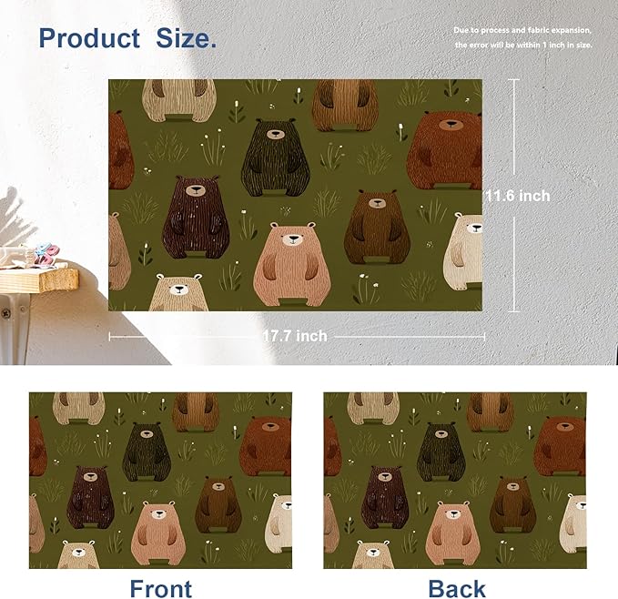 Batmerry Cute The Bear in Olive Brown Placemats, Bears Pattern Green Background Washable Linen Table Mats for Kitchen Table Double Insulation Decor Dining Set Indoor Outdoor 12X18 in Set of 4