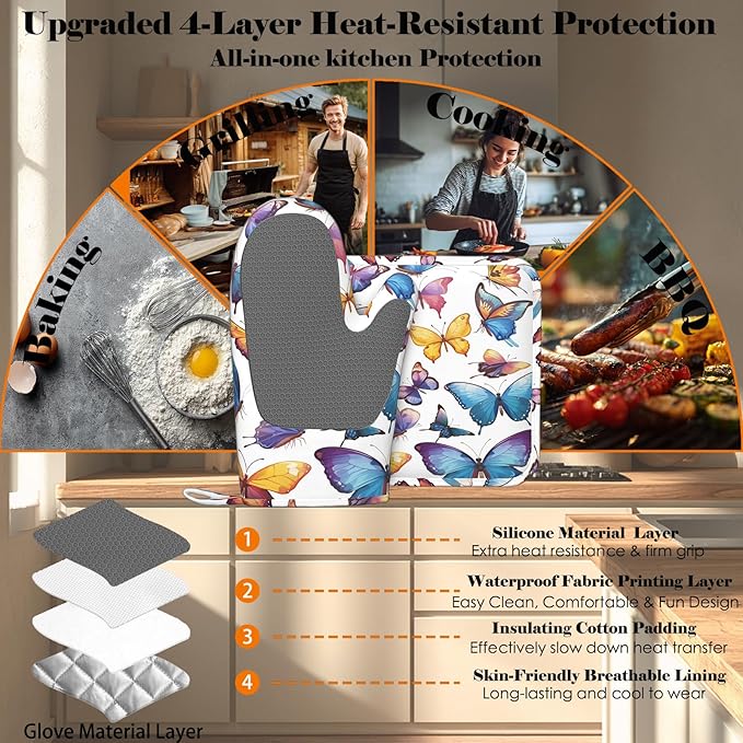 Colorful Butterflies Heat-Resistant Oven Mitts and Pot Holder Kitchen Non-Slip Silicone Cooking Microwave Gloves for Cooking Baking Grilling BBQ