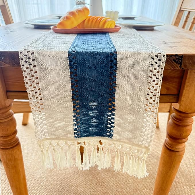 Blue Boho Table Runner for Home Decor with Tassels 72 Inches Farmhouse Rustic Table Runner Macrame Burlap Table Decoration for Living Room Bridal Shower(12x72 Inches, Fringe Included)