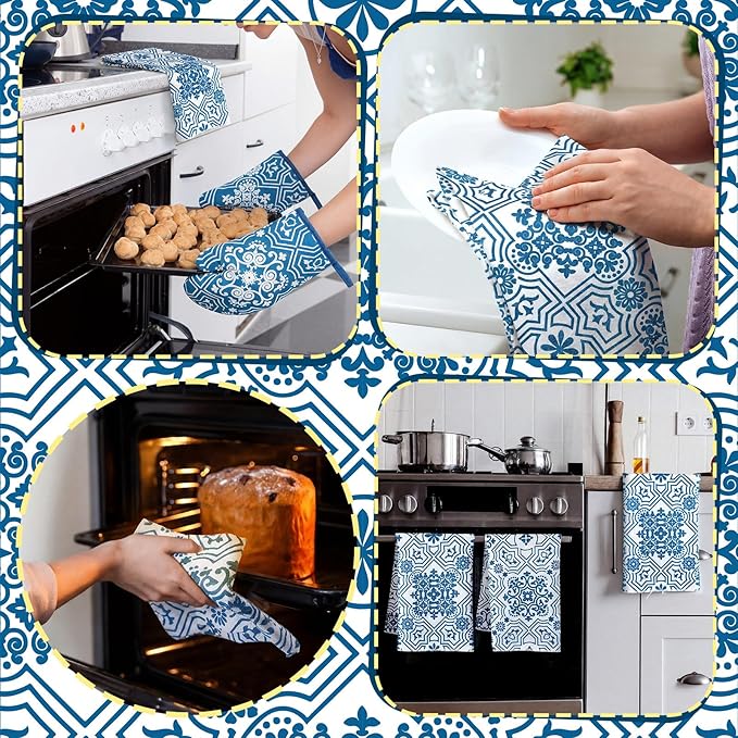 Jingmore 6 Pcs Kitchen Decor Set Accessory Farmhouse Kitchen Towels Pot Holders Oven Mitts Set 2 Dish Towels 2 Pot Holders 2 Cooking Mittens Oven Glove for Cooking (Blue,White,Chinoiserie Printed)