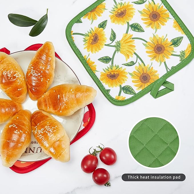 Oven Mitts and Potholders Dish Towles Set 100% Cotton for Perfect for Gifting, Baking, and Everyday Cooking Durable Heat Resistant for Kitchen and Machine Washable (3-Piece Sunflower)