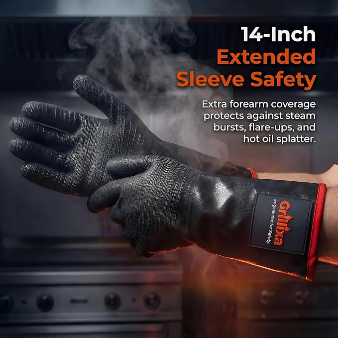 932°F Heat Resistant BBQ Gloves, 14-Inch Waterproof Neoprene Grill Gloves, Oil & Slip Resistant with Cotton Lining, for Oven, Smoker, Fire Pit, Rotisserie and BBQ Cooking