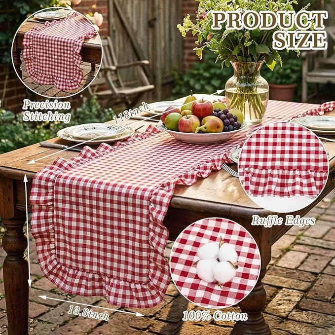 HunnmingRe 1 Pcs Red Plaid Gingham Ruffle Table Runner 118 x 13.8'' Farmhouse Table Runner 100% Cotton Scalloped Long Dresser Scarves for Dining Room, Wedding, Kitchen Rustic Home Decor