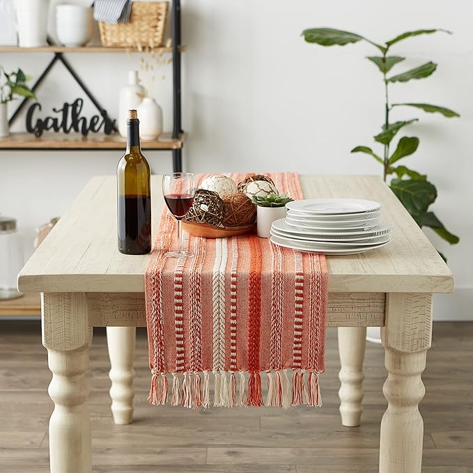DII Farmhouse Braided Stripe Table Runner Collection, 15x72 (15x77, Fringe Included), Vintage Red