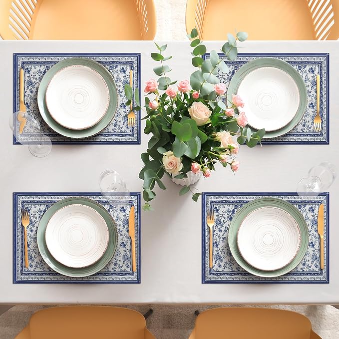 comfoyar Floral Branches Blue Placemats Set of 4, 12x18Inch Non-Slip Vintage Flower Place Mats, Rustic Country Style, Washable Absorbent Table Mats for Framhouse Kitchen Dining Party Table Decoration