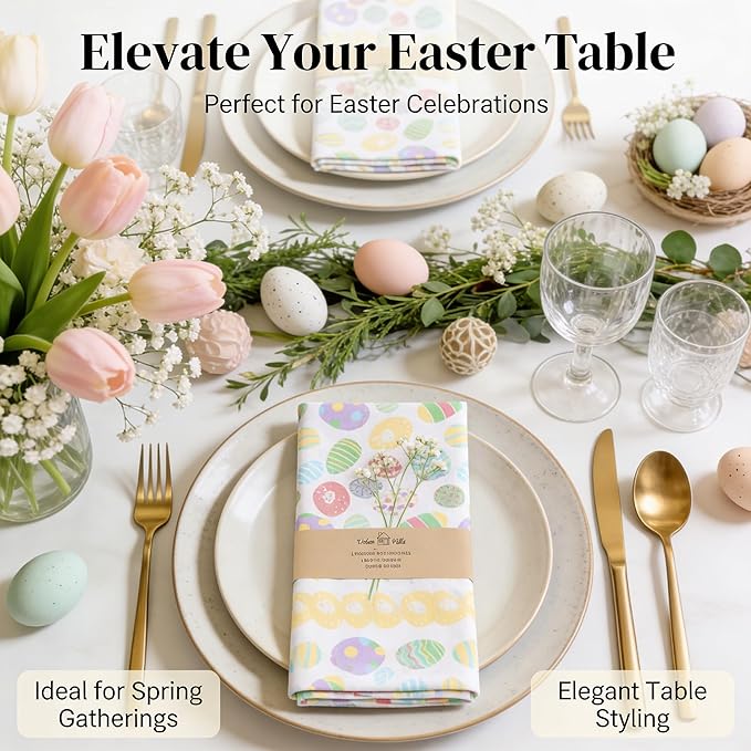 Urban Villa Easter Cloth Napkins 100% Cotton Dinner Napkins Set of 12(20x20)Highly Absorbent Soft Durable Washable Reusable Ideal for Easter Decorations Restaurant Wedding Farmhouse Parties- Egg Print