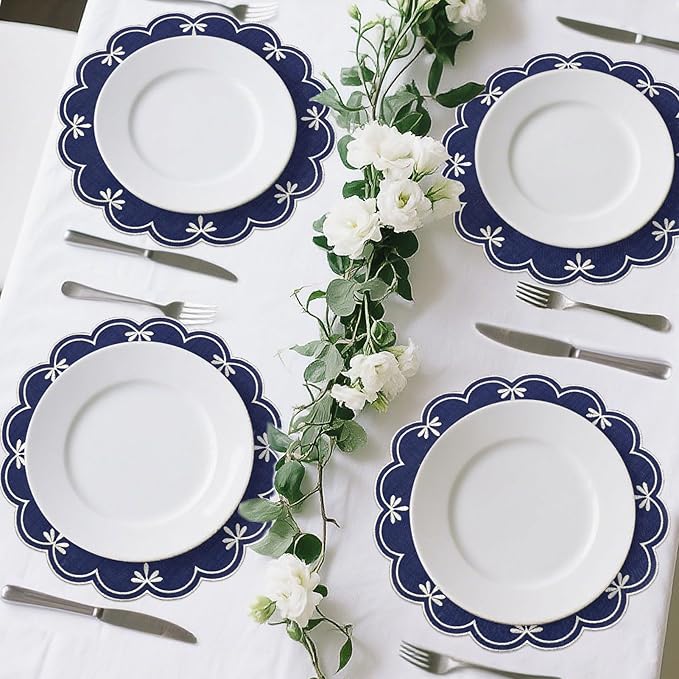 SK Studio Set of 4 Cotton Linen Placemats, 15x15 Round Scalloped Cloth Table Mats, Embroidery Double Layered Washable Dining Placemat for Hotel Restaurant Kitchen, Navy Blue