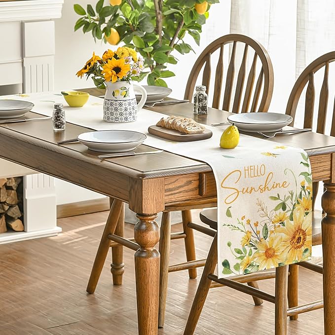 Artoid Mode Hello Sunshine Sunflower Eucalyptus Summer Table Runner, Seasonal Spring Kitchen Dining Table Decoration for Home Party Decor 13x90 Inch