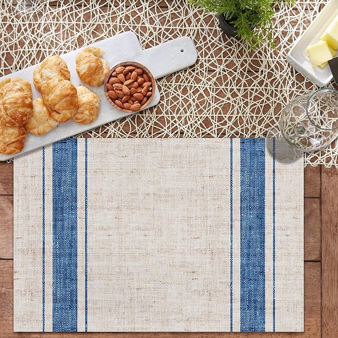 CSFOTO Modern Minimalist Line Decorative Placemats Set of 4 Heat-Resistant Non-Slip Kitchen Table Mats Khaki Woven Rectangle Placemats for Dining Table 18"x12" Washable, Blue Stripe