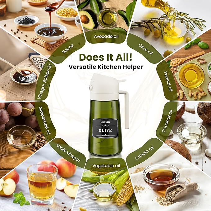 LAKUMIQI 2 in 1 Oil Sprayer for Cooking, 16oz Olive Oil Dispenser Bottle for Kitchen, Food Grade Light-Blocking Leak Proof Glass Spray Bottle for Salad, Air Fryer, BBQ