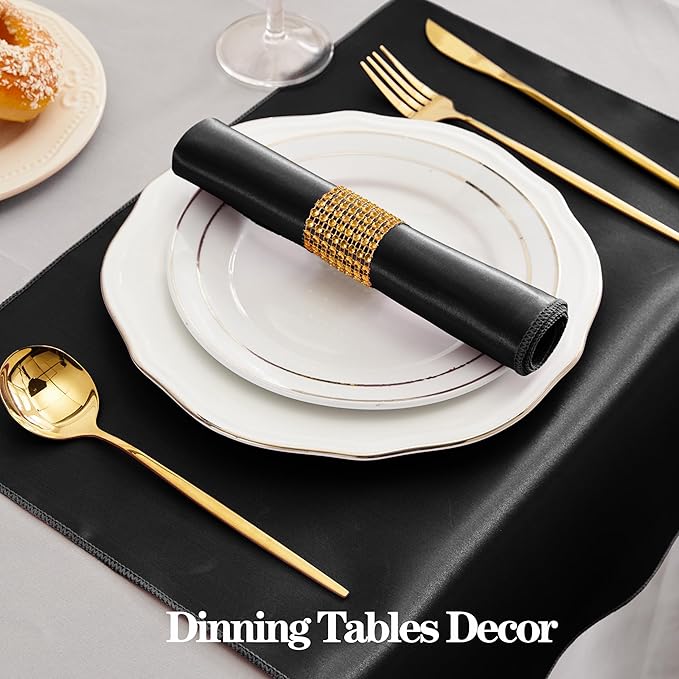 RUDONG M 100 Pcs Black Satin Napkins and Napkin Rings Set, 17 x 17 Inch Square Cloth Napkins Set of 50, Silky Soft Table Napkins Bulk for Weddings, Banquet, Parties Dinner Decoration