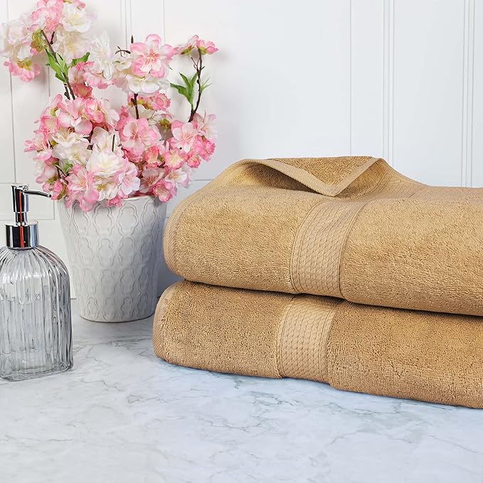 SUPERIOR Egyptian Cotton Pile Bath Sheet Set of 2, Ultra Soft Luxury Towels, Thick Plush Essentials, Absorbent Heavyweight, Guest Bath, Hotel, Spa, Home Bathroom, Shower Basics, Toast