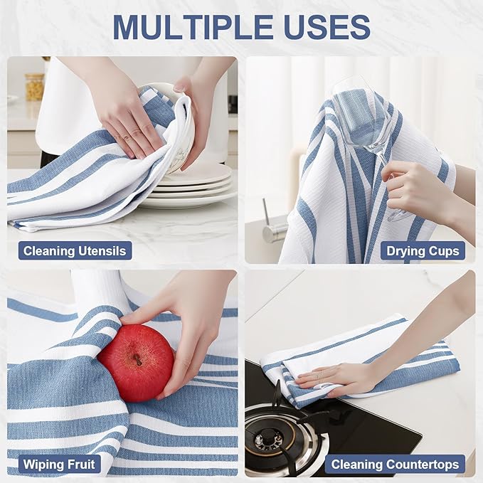 Homaxy Premium Kitchen Towels 18”x 28”, Large Cotton 380 GSM Kitchen Hand Towels, Stripe and Terry Dish Towel, Highly Absorbent Tea Towel Set with Hanging Loop, 6 Pack, Navy Blue