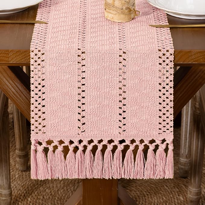 DeZerlor Boho Macrame Table Runner Spring Easter Farmhouse Woven Table Runner with Tassels 108 Inches Pink Cotton Linen Kitchen Table Decor for Dining Dresser Home Tea Table Decor