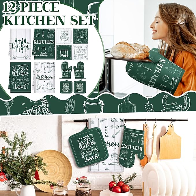 12 Pcs Farmhouse Kitchen Decor and Accessories Sets 4 Green Kitchen Towels 4 Absorbent Dishcloths 2 Pot Holders 2 Oven Mitts Gloves for Home Decorations Mom Gifts