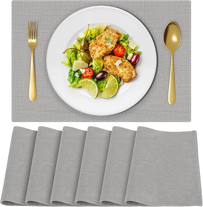 Cloth Placemats, Set of 6 Heat-Resistant Cotton Linen Blend Double Layered Machine Washable Place Mats, Wrinkle Free Thick Fabric Dining Table Mats for Indoors & Outdoors (Light Grey, 6)