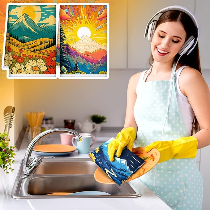 Bencailor 6 Pcs Retro Kitchen Towels 15.7 x 23.6 Inch Farmhouse Vintage Hand Towels Decorative Absorbent Dish Cloth for Bathroom Decor for Cooking Baking Cleaning (Light Color,Sunset)