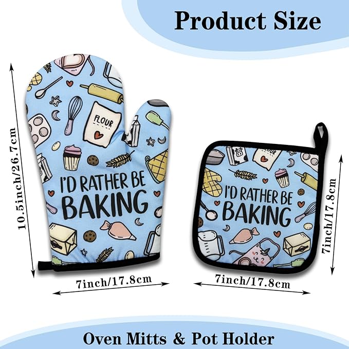 Funny Oven Mitts and Pot Holders Set of 3, I'd Rather Be Baking, Heat Resistant Non-Slip Kitchen Mitts Hot Pads, Bake Lovers Gifts, Sweet Housewarming Gifts for Women Hostess Mom Wife Baker