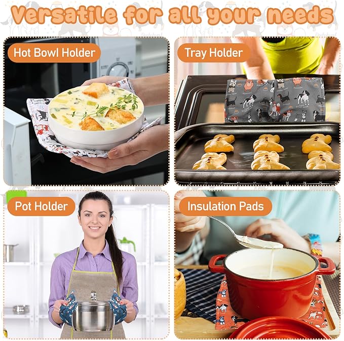 CHENGU 4 Pcs Dog Style Microwave Bowl Cozy Holders for Hot Food Hot Pad Soup Bowl Potholder Heat Resistant Multipurpose Quilted Safe Holder for Kitchen Plate Supply Blue, Orange, Yellow, Gray
