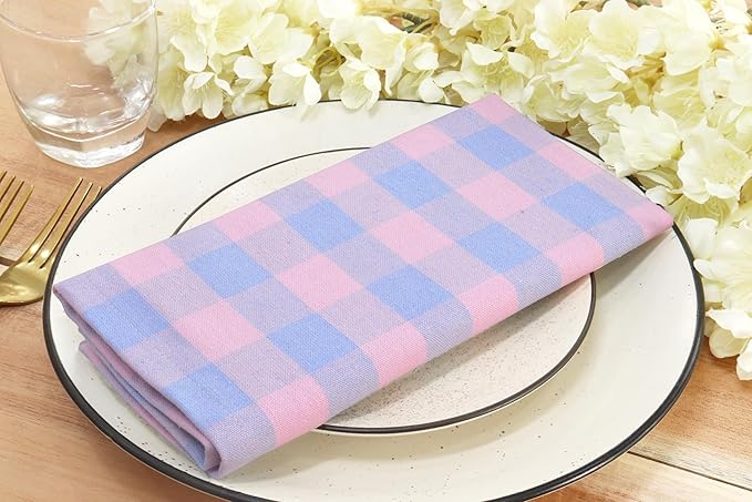 PurpleEssences Buffalo Plaid Cloth Napkins - Mitered Corners - Spring Easter Summer - Gingham Check Dinner Napkin - Set of 12-100% Cotton - 18x18 Inch - Reusable Washable - Light Blue and Blush Pink