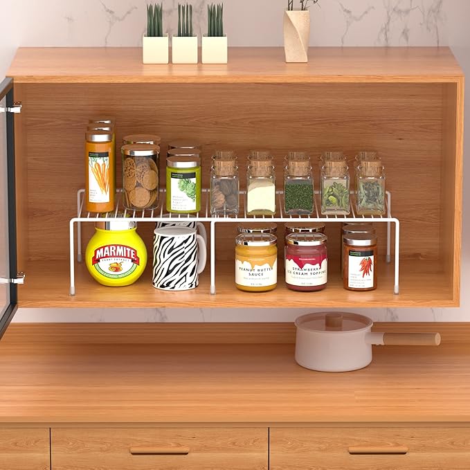 Redrubbit Cabinet Storage Shelf Rack, Expandable Metal Rustproof Kitchen Counter and Cabinet Shelf, Storage Rack Organizer Space Saver for Kitchen, Fridge, Cabinet, Bathroom, White, Set of 4