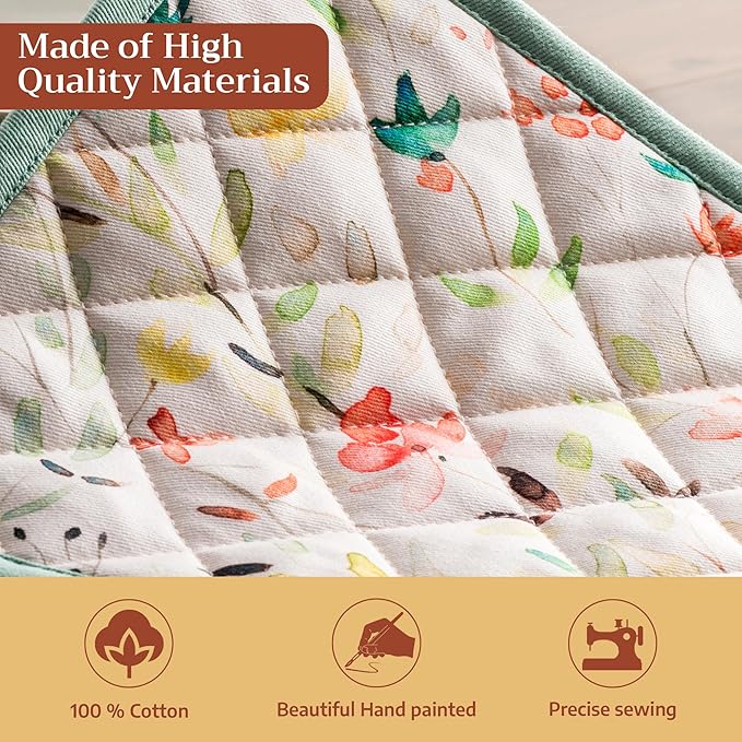 Maison d'Hermine Pot Holders 100% Cotton Heat Resistant Potholders 8" x 8" Hot Pads with Loop BBQ, Cooking, Baking, Grilling, Kitchen, Handling Hot Pans Spring/Summer (Pack of 1, Colmar)