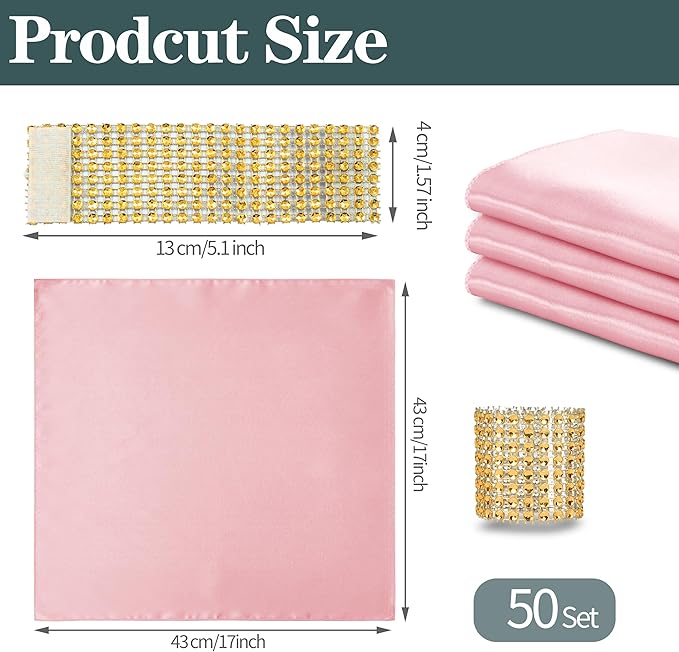 RUDONG M 100 Pcs Light Pink Satin Napkins and Napkin Rings Set, 17 x 17 Inch Square Cloth Napkins Set of 50, Silky Soft Table Napkins Bulk for Weddings, Banquet, Parties Dinner Decoration