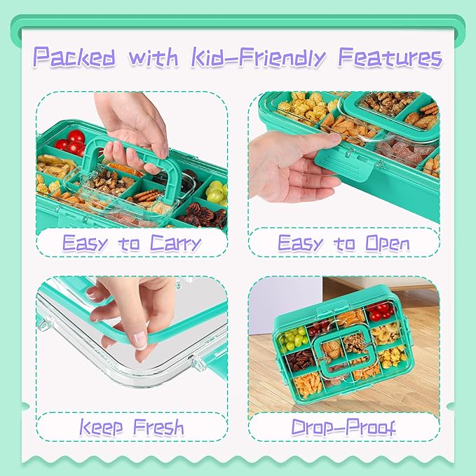 Xyptorix Snack Box Container for Kids - Adjustable 12-Compartment Snack Containers, Reusable Bento Box, Dishwasher Safe, BPA-Free, Perfect for School, Travel, Camping & Picnic, Green, Large