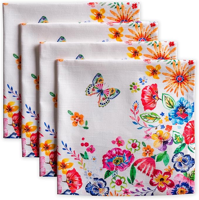 Maison d' Hermine Cloth Napkins Set of 4 100% Cotton Everyday Reusable Square Napkins Cloth Washable Dinner Wedding Gifts for Mothers Day Spring/Summer (Happy Florals - High Summer, 20" x 20")