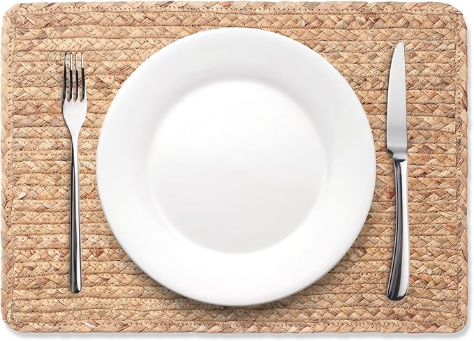 Woven Placemats Set of 6, 17" x 12" Rattan Table Mats, Natural Water Hyacinth Chargers for Dinner Plates, Wicker Placemats for Dining Table, Home, Wedding