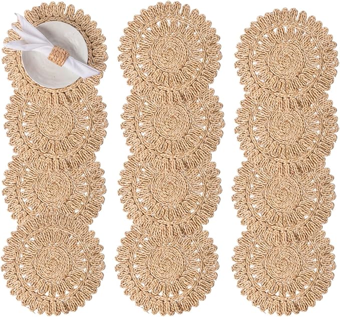 Laquedecraft 13.8" Set of 12 Round Corn Husk Placemats | Boho Wovean Rattan Table Mats | Farmhouse Wicker Spring Plate Chargers Like Water Hyacinth, Seagrass Table Mats