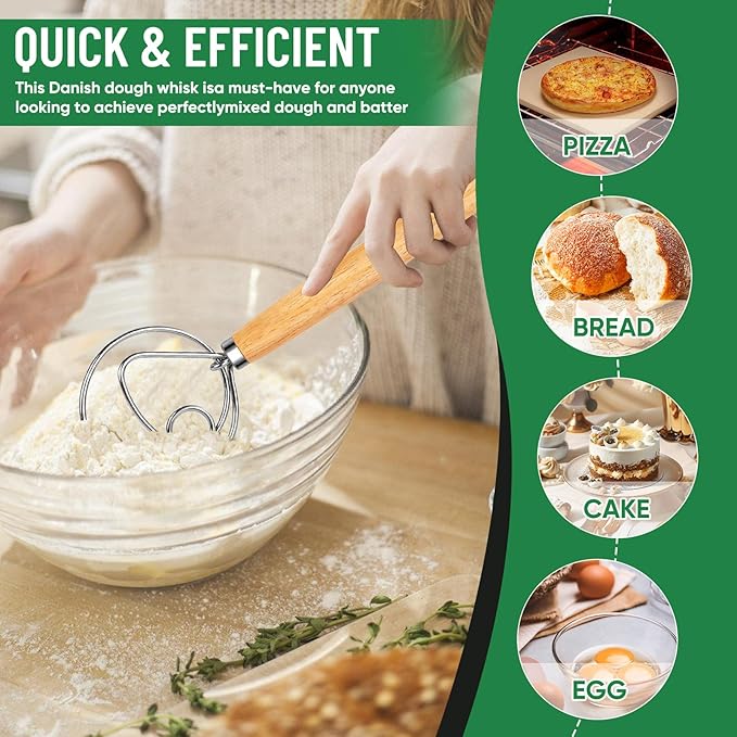 Danish Dough Whisk Stainless Steel Hook Dutch Bread Mixer for Sourdough Baking Hand Tool with Wooden Handle Making Blending Pastry Pizza Dough