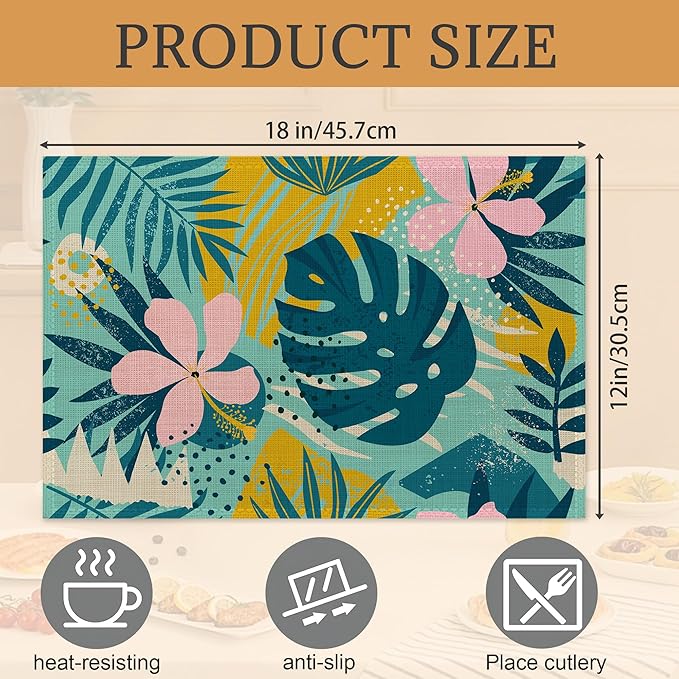Tropical Leaves Placemats Set of 6,Washable Heat Resistant 12×18 Inch Linen Table Mats Summer Place Mats for Party Outdoor Dining Décor